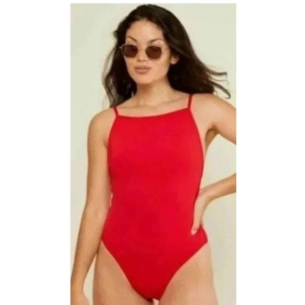 Paloma Red One Piece Swimsuit Lace Up Back High Cut Leg Square Neck Swimwear